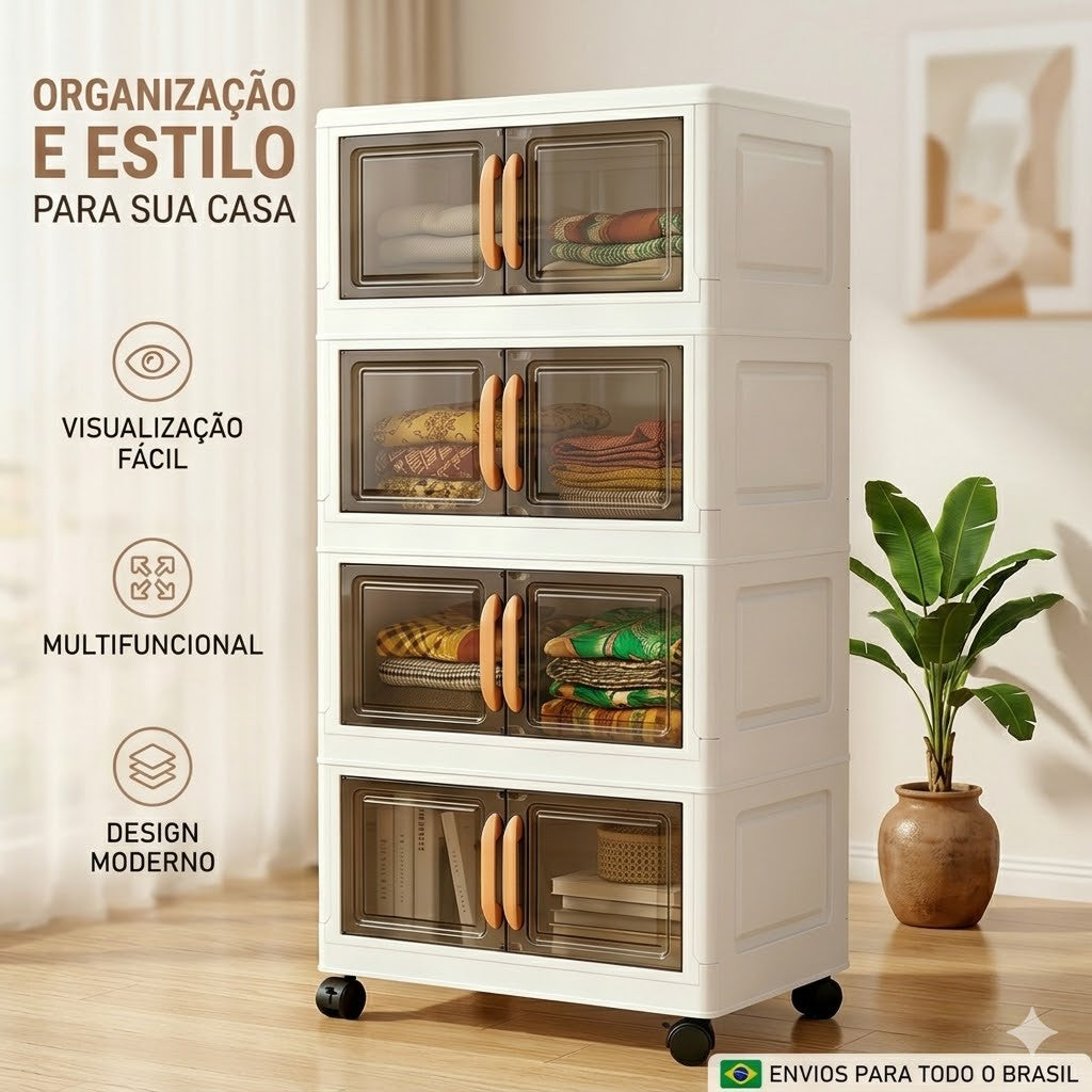 Armário Organizador Modular Dobrável com Rodinhas e Portas Magnéticas | PratiCasa